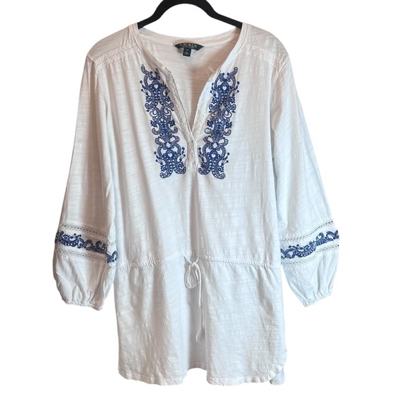 Lauren Ralph Lauren Tops - Lauren Ralph Lauren White Blue Embroidered Slub Cotton Tunic Top Drawstring Boho